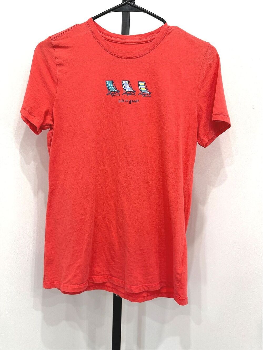Life is Good Red Cotton T-Shirt with Beach Chairs Graphic, Size Small